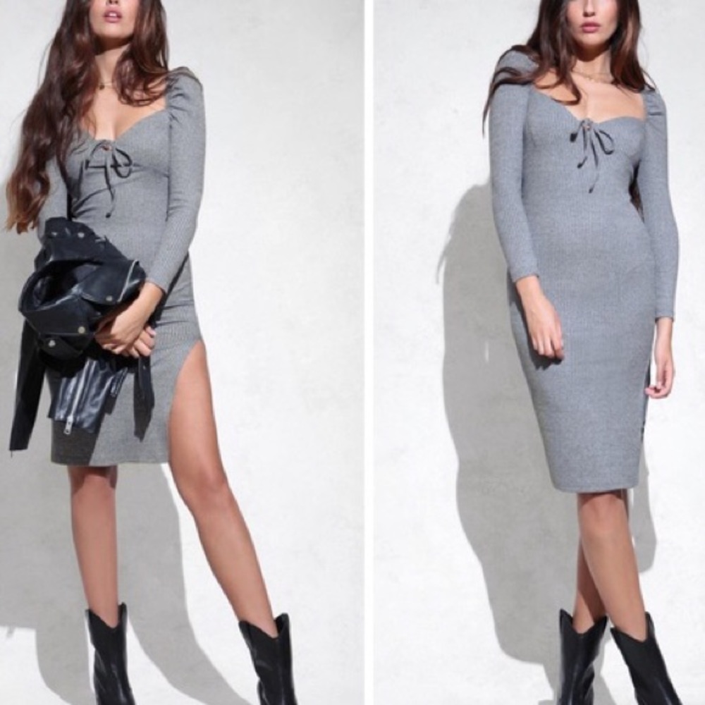 Ribbed gray puff shoulder dress